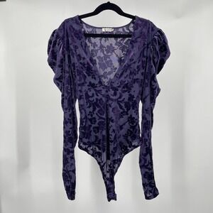 Free People Whimsigoth Velvet Bodysuit S Puff Sleeve Dark Fairy Witchy Purple